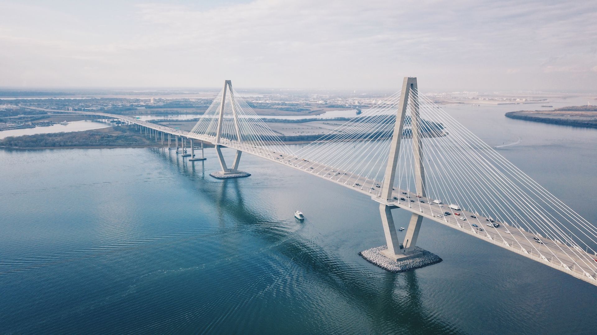 Aerial view of a sea bridge connecting two shores